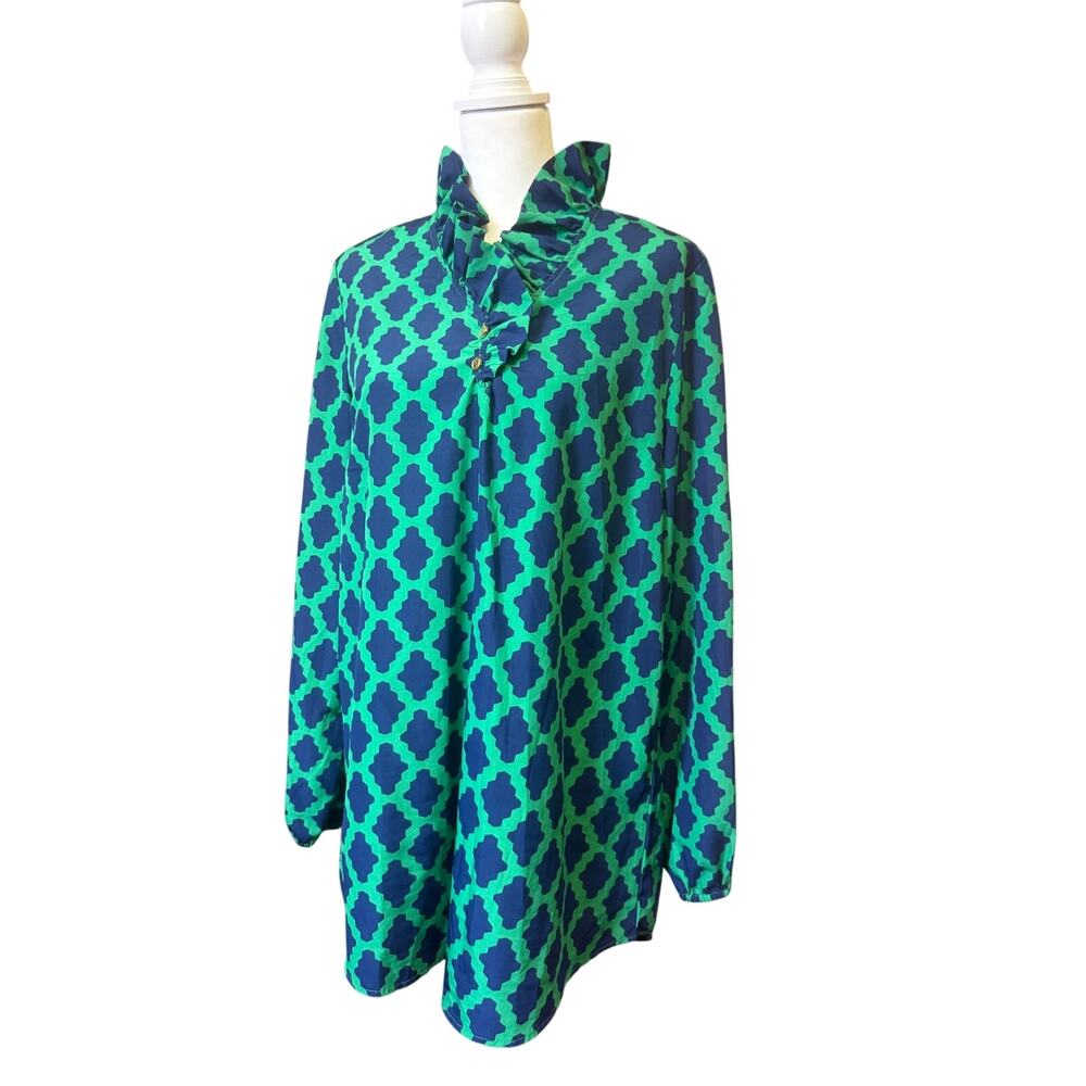 MUD PIE TUNIC BLOUSE LARGE 12-14 GREEN NAVY GEOMETRIC RUFFLE NECK LONG SLEEVE